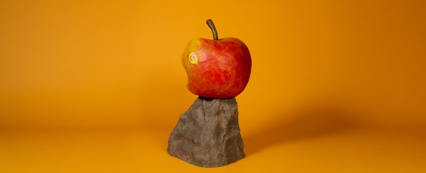 ein angebissener apfel auf einem felsen (beides künstlich)